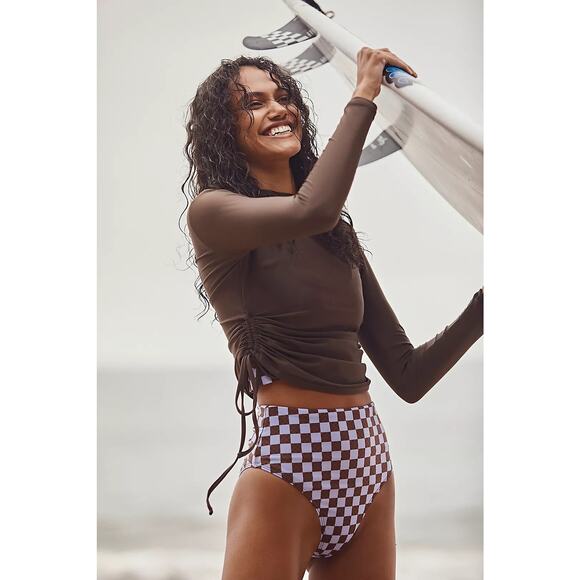 Salt Gypsy High Cut Surf Bikini Bottoms in Lavender Brown Checkered Size 10 12 - Picture 3 of 12